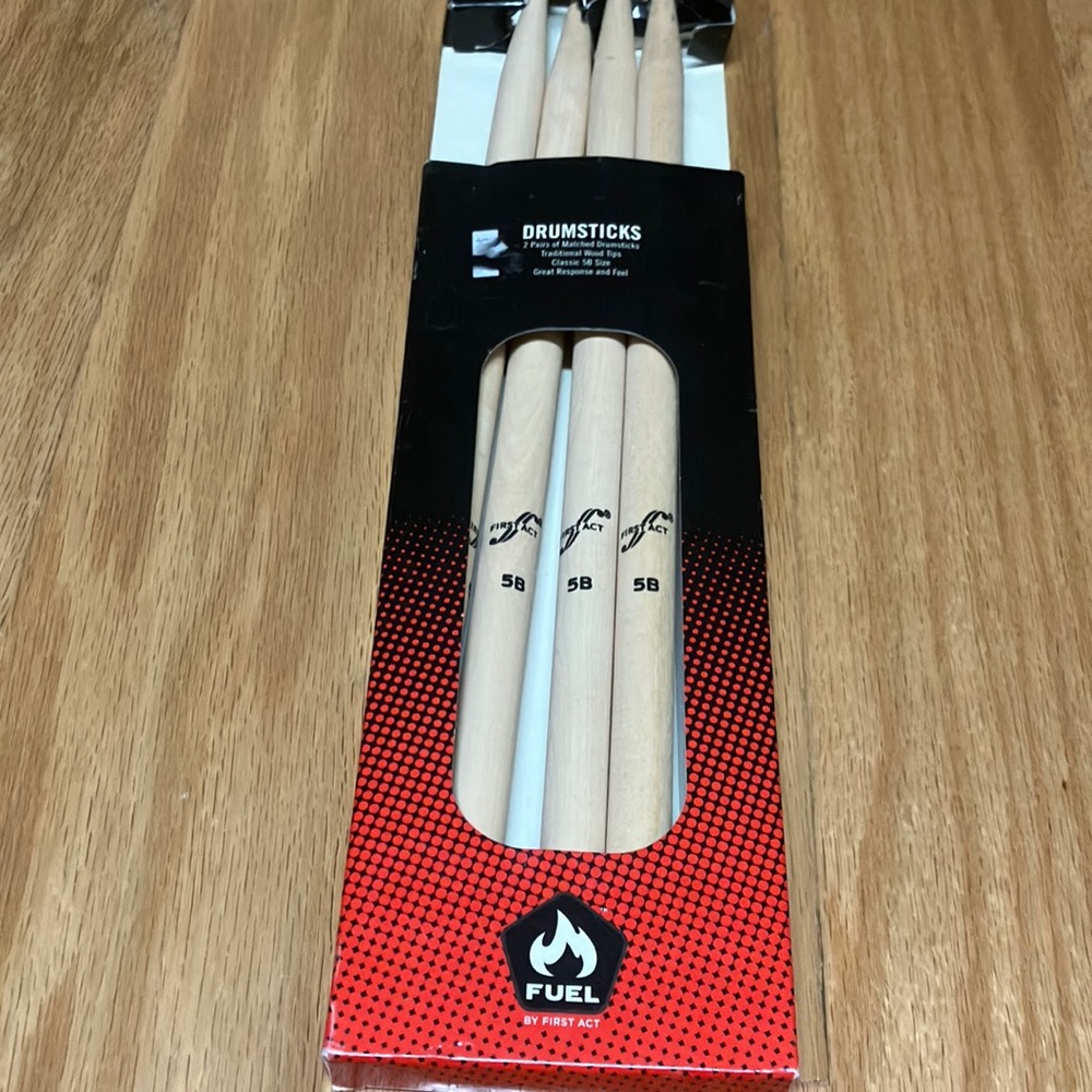 Drumsticks, First Act, size 5B, 2 sets, 4 sticks , 2 never used, 2 rare use